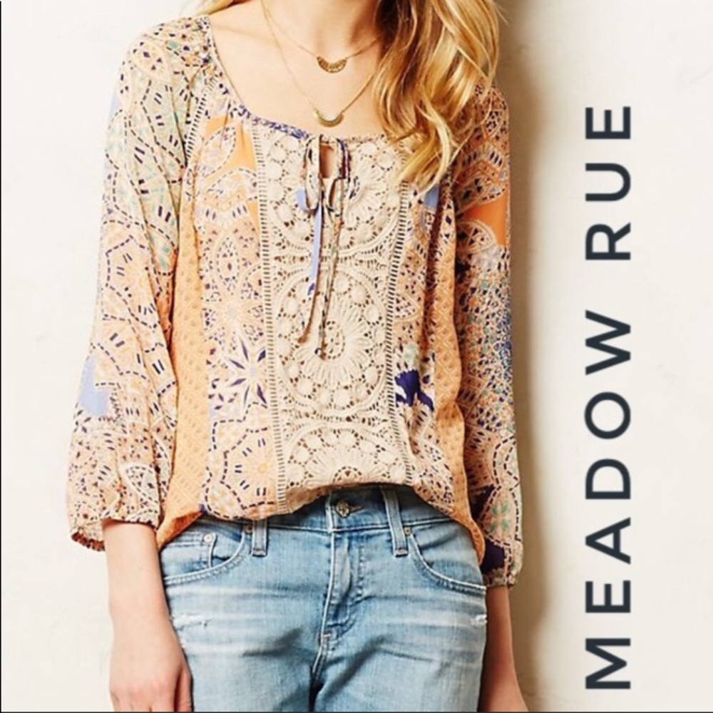 Anthro Meadow Rue Crochet Lace Sheer Geometric Print Peasant Blouse Tunic Top - Picture 5 of 8
